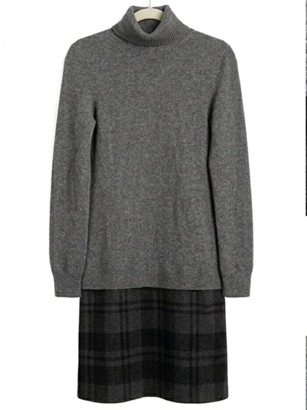 Theory Grey Ribbed Knit Top with Black Plaid Skirt Panel